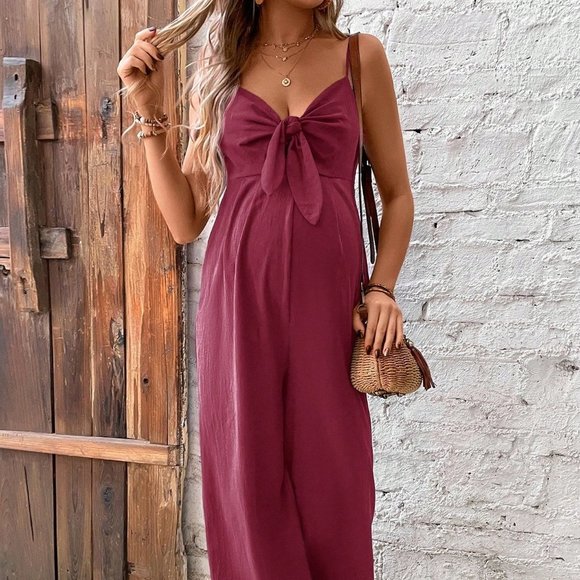 . Pants - Burgundy Casual Womens Maternity Knot Front Cami Jumpsuit